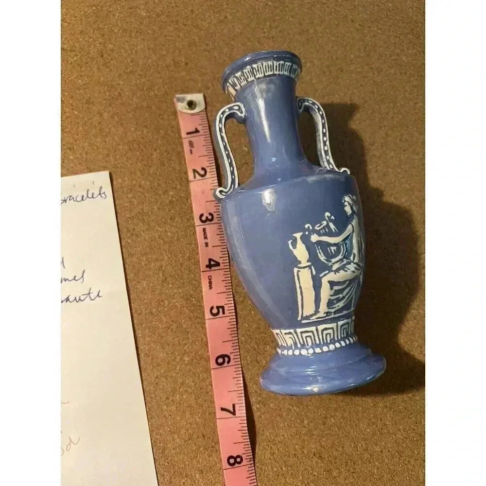 Vintage Greek Inspired Blue Handmade Vase 1977 Woman Playing Music - Picture 5 of 6